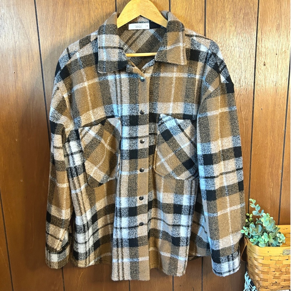 Talulah Plaid Snap Button Shacket M Chocolate Brown Barn Western‎ Fall Jacket